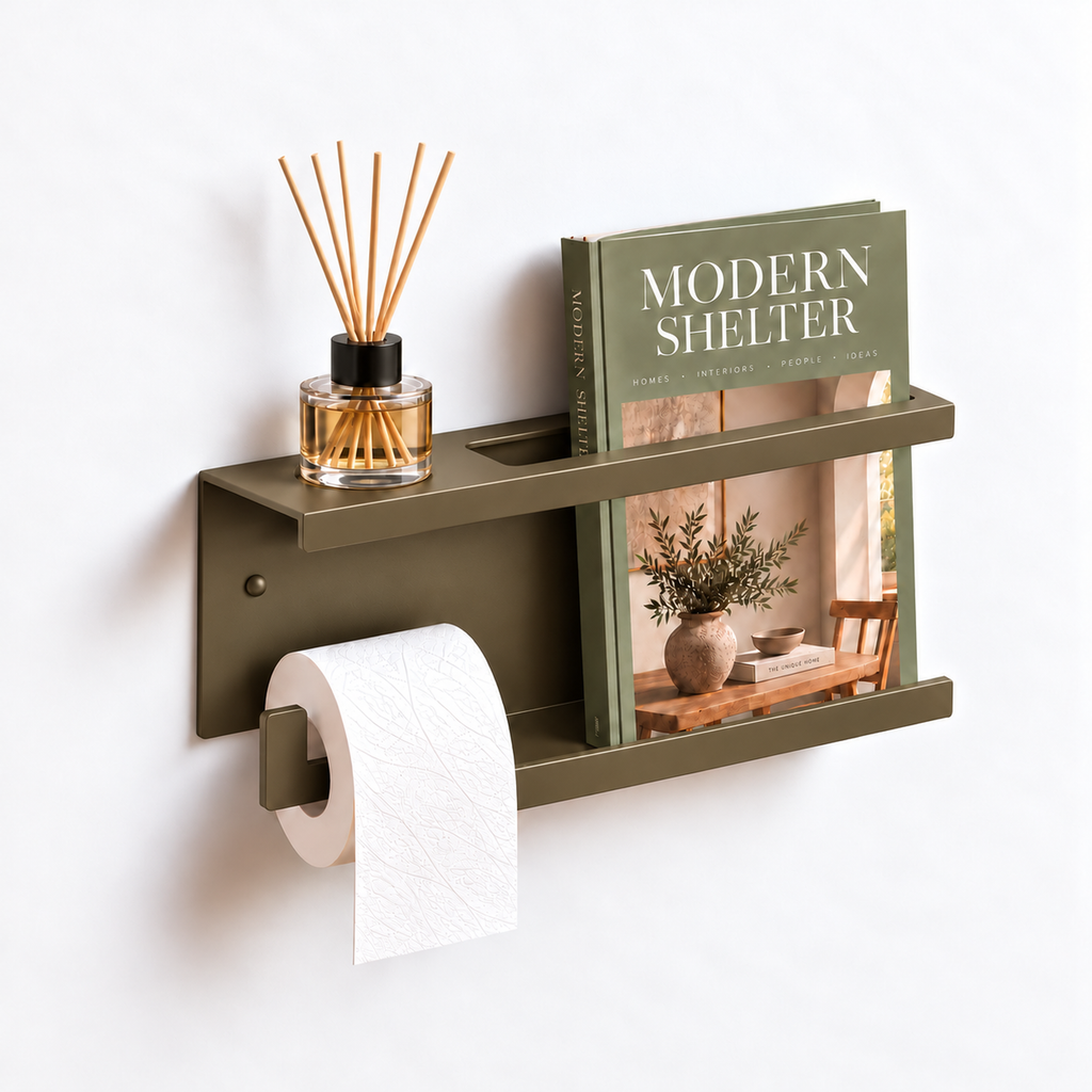 Wall Mounted Toilet Paper Holder with Magazine Rack and Reed Diffuser Shelf