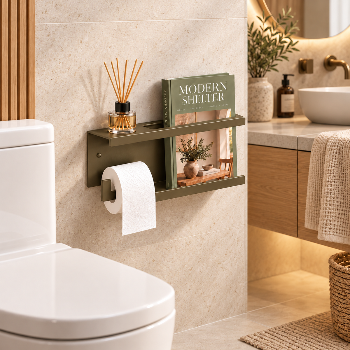 Wall Mounted Toilet Paper Holder with Magazine Rack and Reed Diffuser Shelf