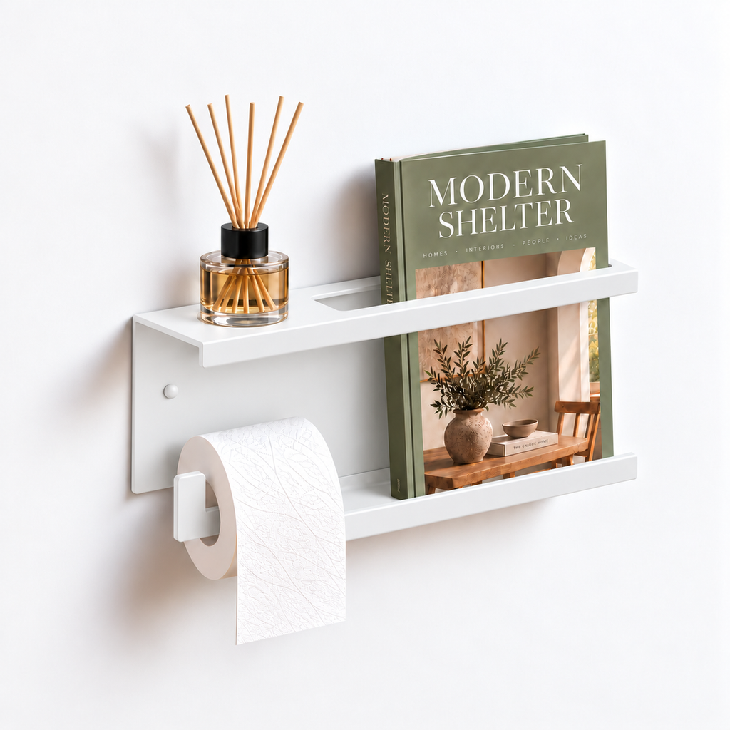 Wall Mounted Toilet Paper Holder with Magazine Rack and Reed Diffuser Shelf