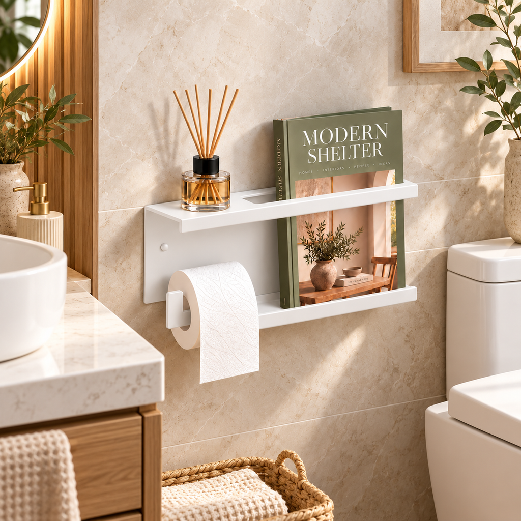 Wall Mounted Toilet Paper Holder with Magazine Rack and Reed Diffuser Shelf