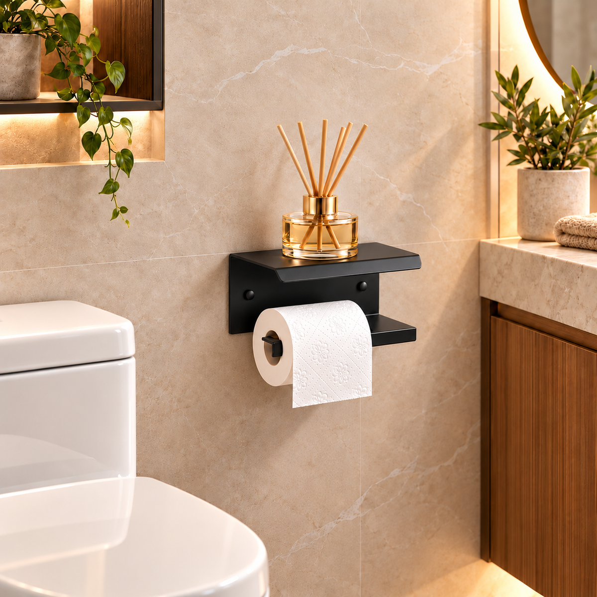 Wall Mounted Toilet Paper Holder with Shelf, Metal Bathroom Organizer