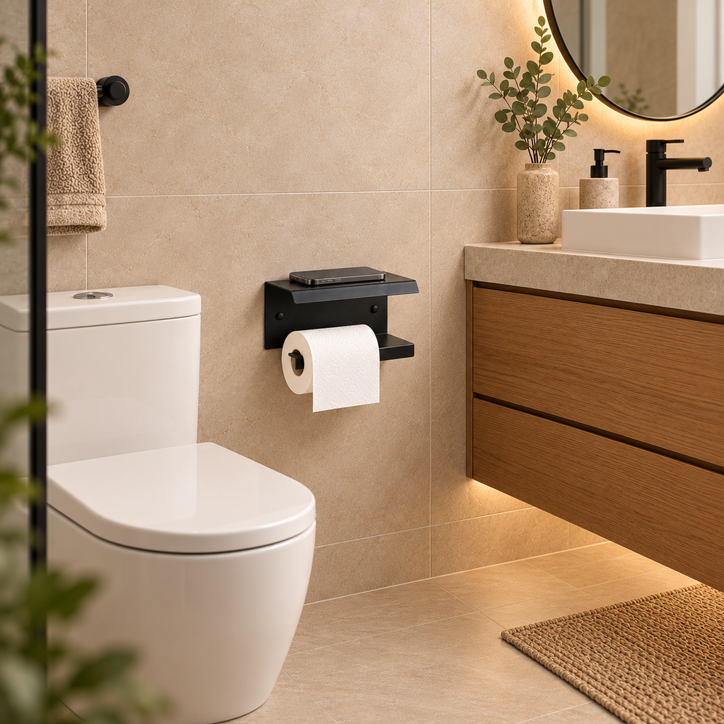 Wall Mounted Toilet Paper Holder with Shelf, Metal Bathroom Organizer