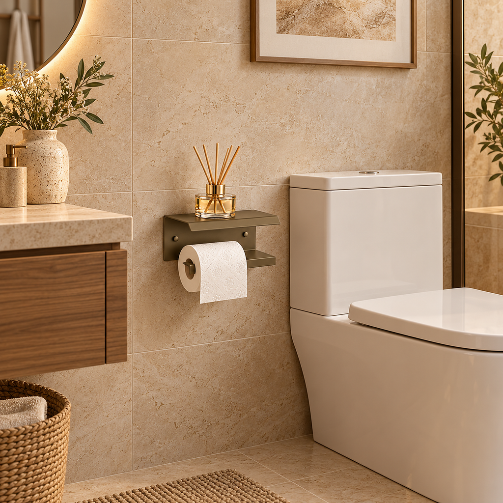 Wall Mounted Toilet Paper Holder with Shelf, Metal Bathroom Organizer