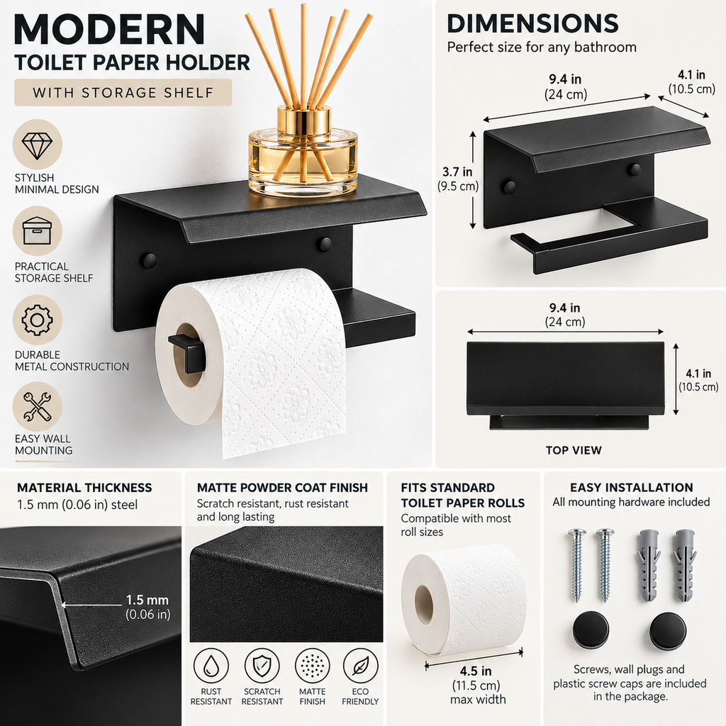 Wall Mounted Toilet Paper Holder with Shelf, Metal Bathroom Organizer