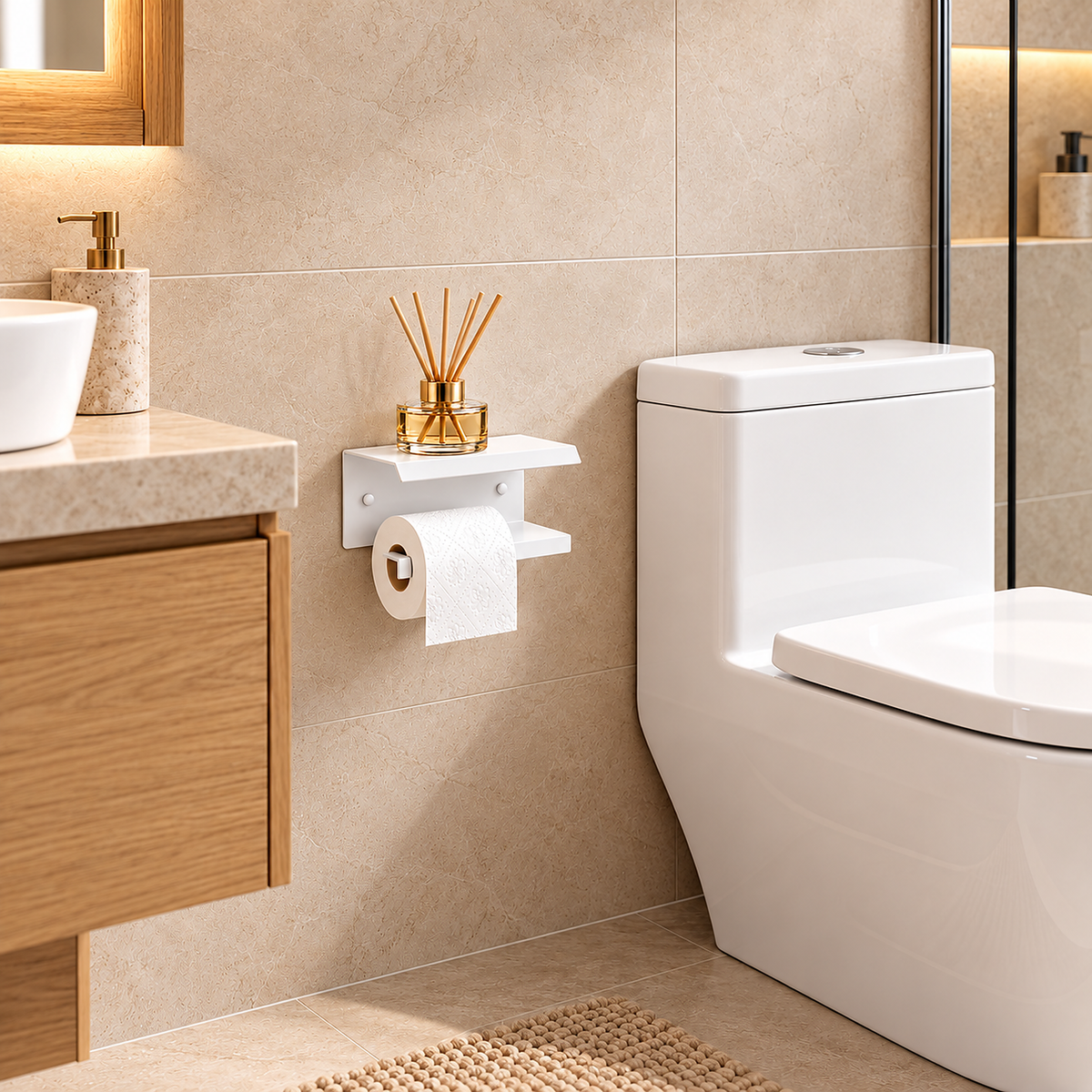 Wall Mounted Toilet Paper Holder with Shelf, Metal Bathroom Organizer