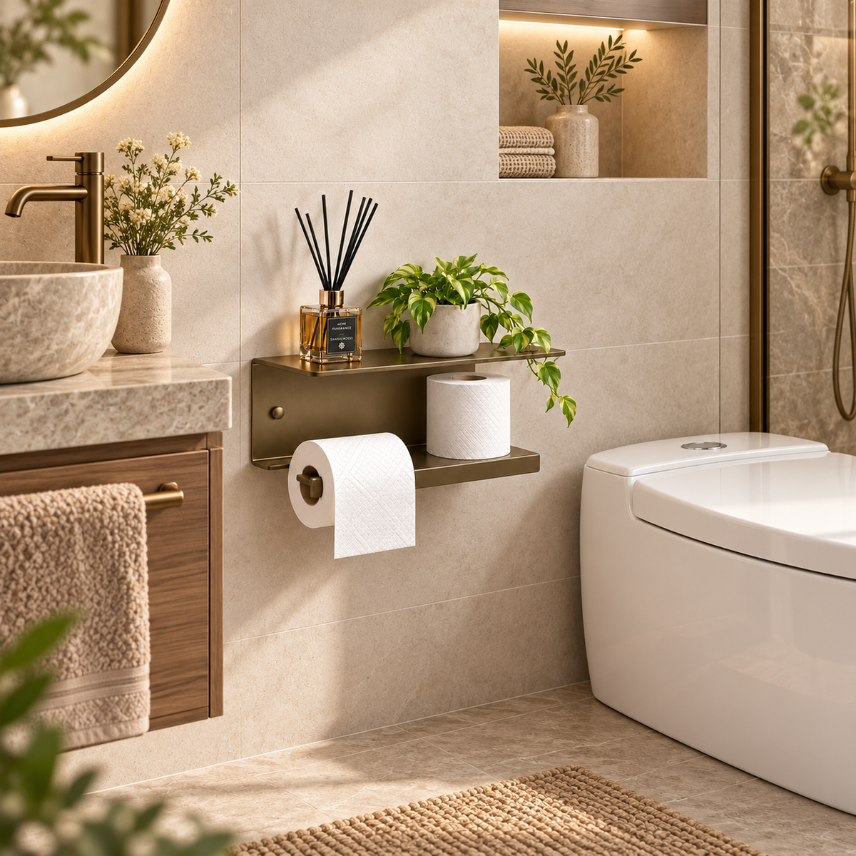 Wall Mounted Toilet Paper Holder with Shelf and Spare Roll Storage