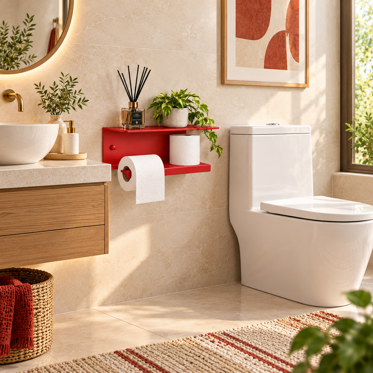 Wall Mounted Toilet Paper Holder with Shelf and Spare Roll Storage