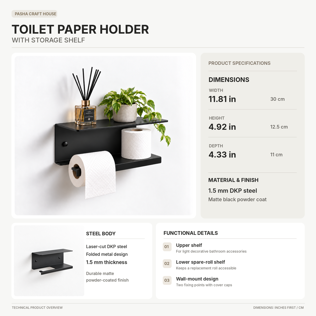 Wall Mounted Toilet Paper Holder with Shelf and Spare Roll Storage