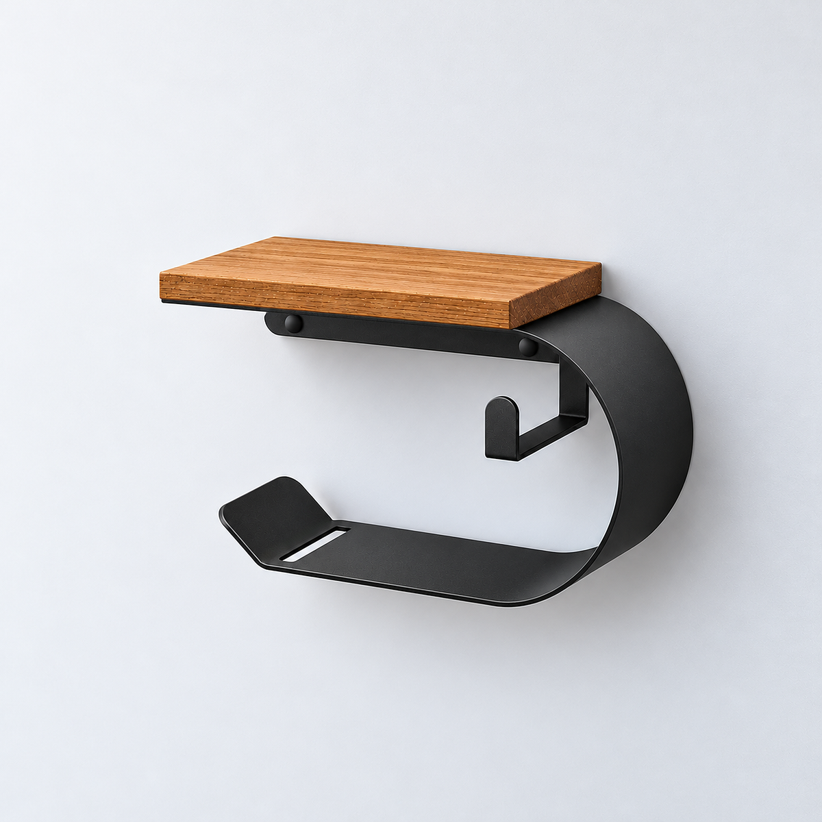 Wall Mounted Toilet Paper Holder with Oak Shelf, Modern Metal Bathroom Organizer
