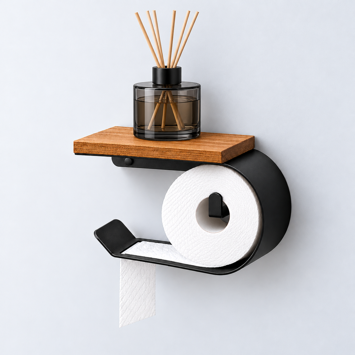Wall Mounted Toilet Paper Holder with Oak Shelf, Modern Metal Bathroom Organizer