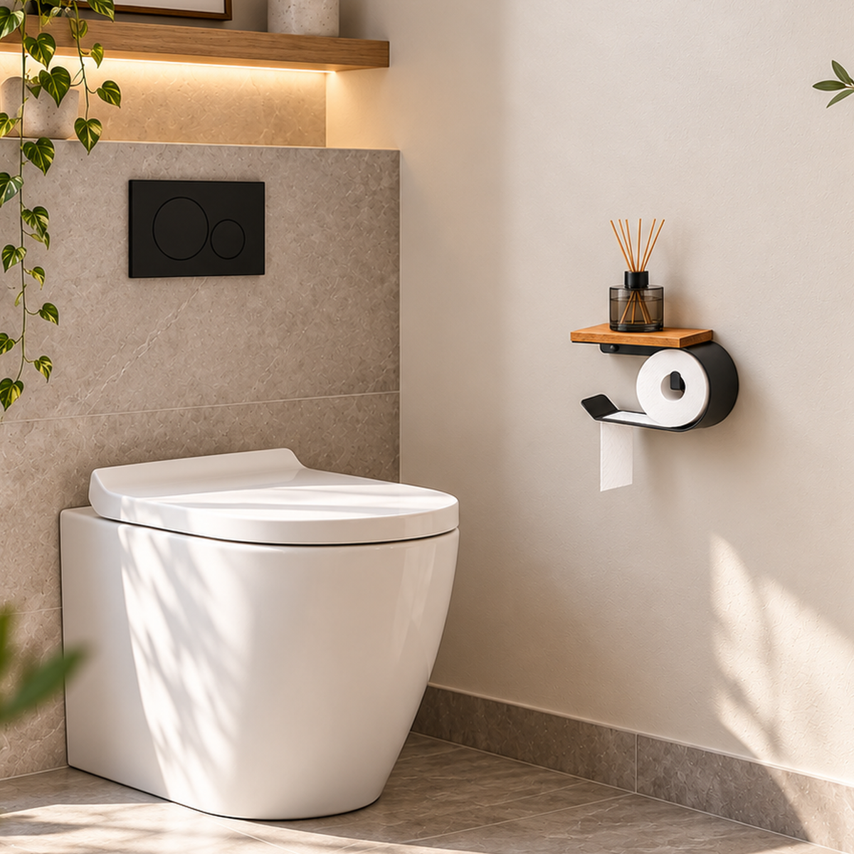 Wall Mounted Toilet Paper Holder with Oak Shelf, Modern Metal Bathroom Organizer