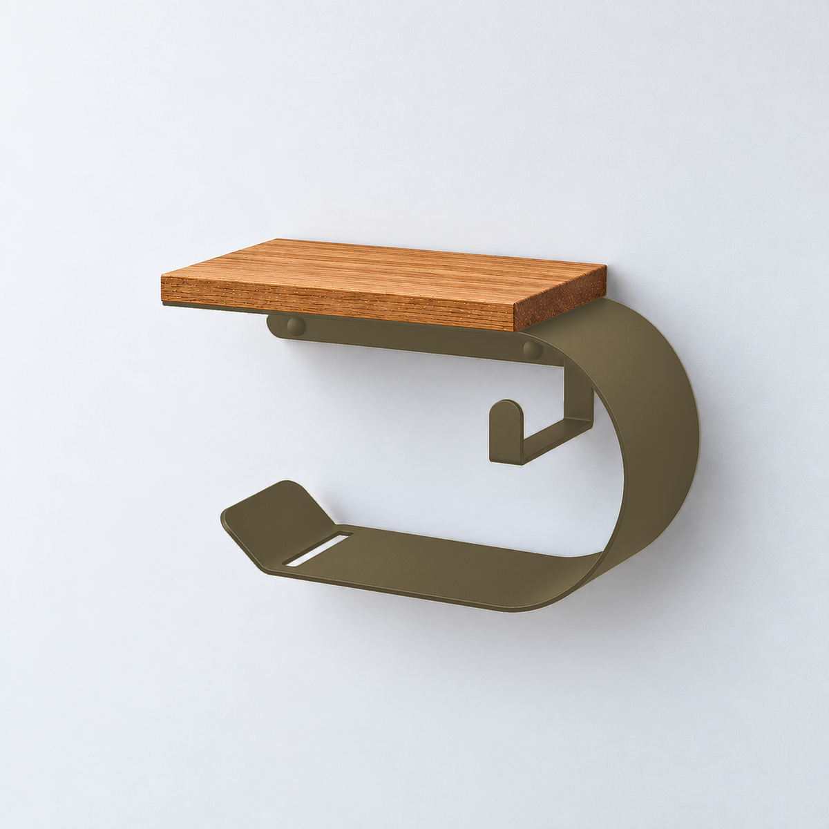 Wall Mounted Toilet Paper Holder with Oak Shelf, Modern Metal Bathroom Organizer