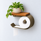 Wall Mounted Toilet Paper Holder with Oak Shelf, Modern Metal Bathroom Organizer