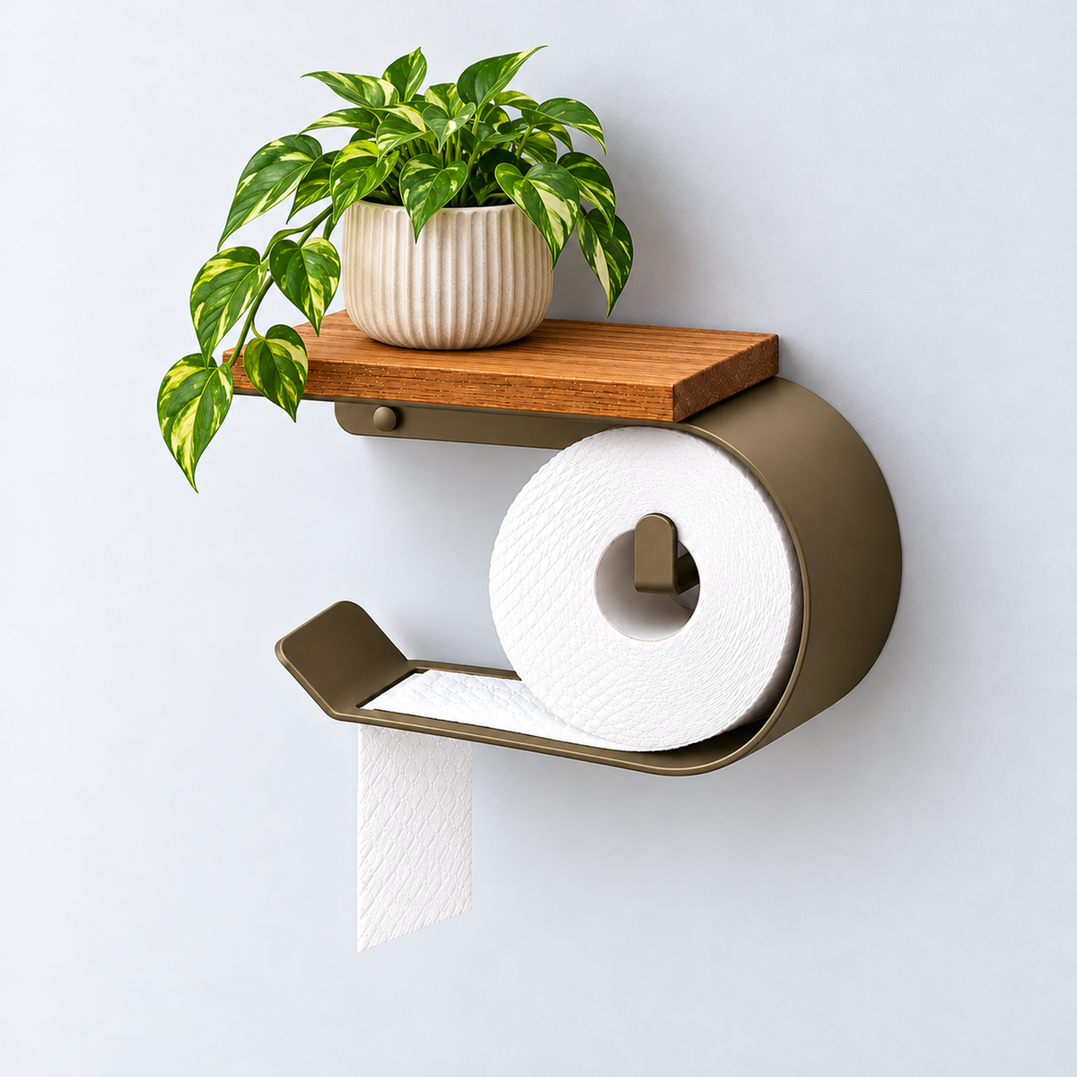 Wall Mounted Toilet Paper Holder with Oak Shelf, Modern Metal Bathroom Organizer