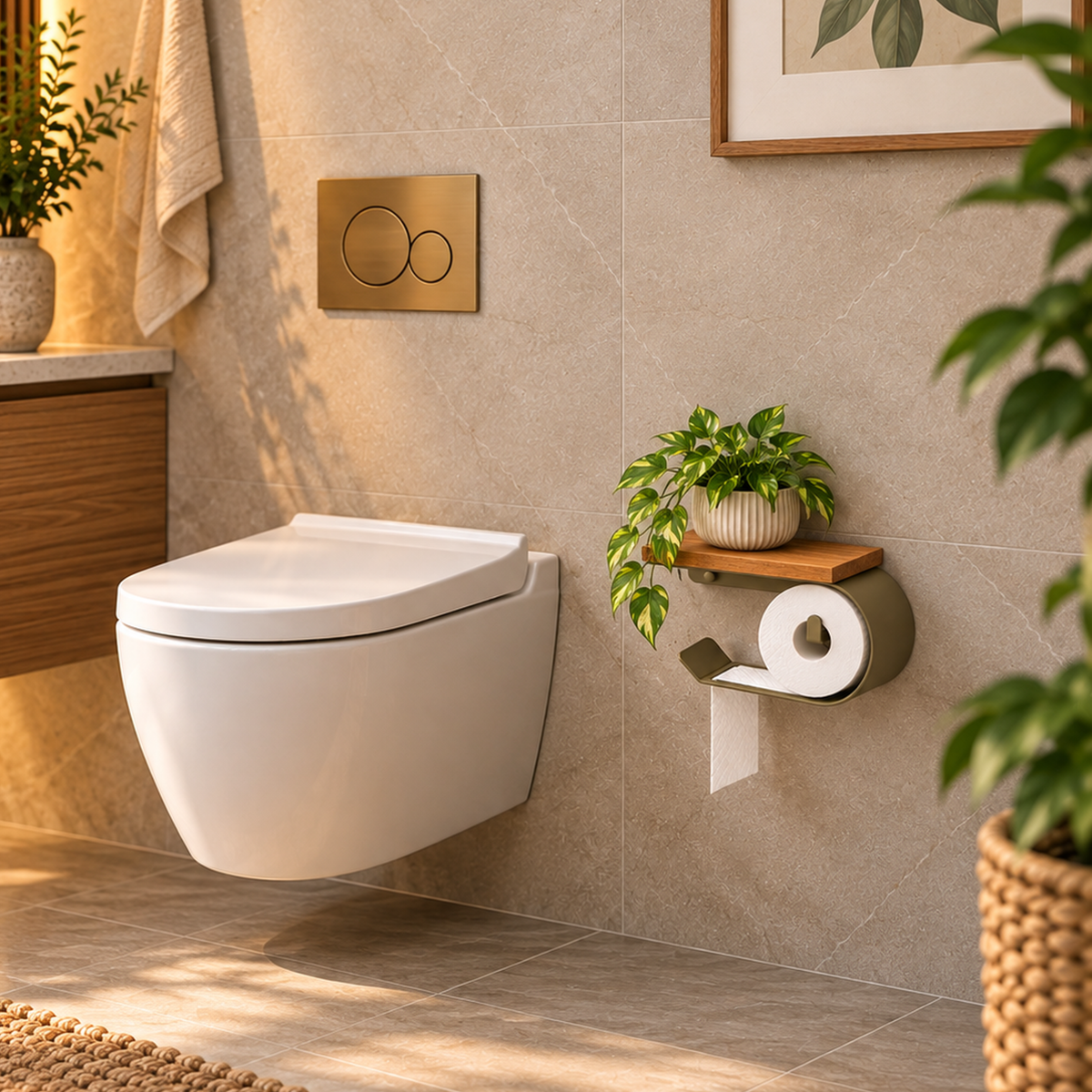 Wall Mounted Toilet Paper Holder with Oak Shelf, Modern Metal Bathroom Organizer