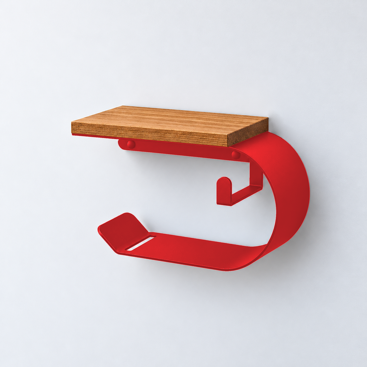 Wall Mounted Toilet Paper Holder with Oak Shelf, Modern Metal Bathroom Organizer