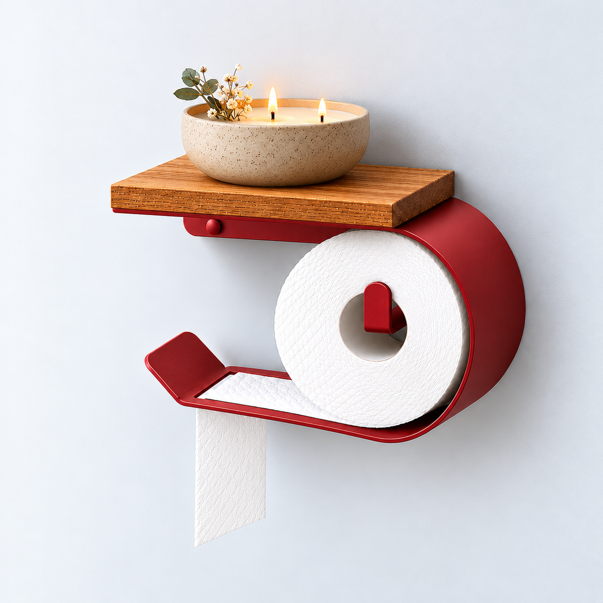 Wall Mounted Toilet Paper Holder with Oak Shelf, Modern Metal Bathroom Organizer