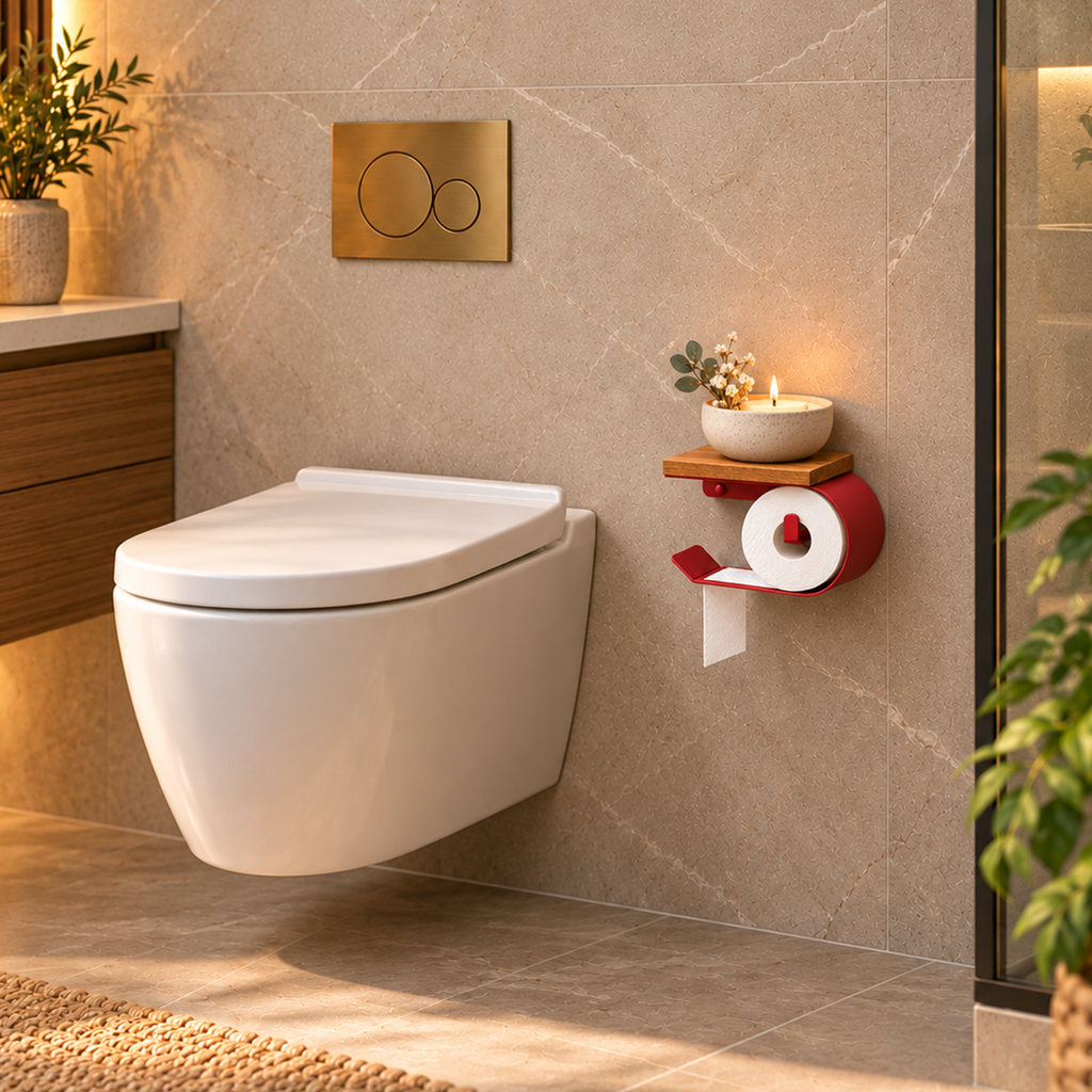 Wall Mounted Toilet Paper Holder with Oak Shelf, Modern Metal Bathroom Organizer