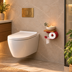 Wall Mounted Toilet Paper Holder with Oak Shelf, Modern Metal Bathroom Organizer