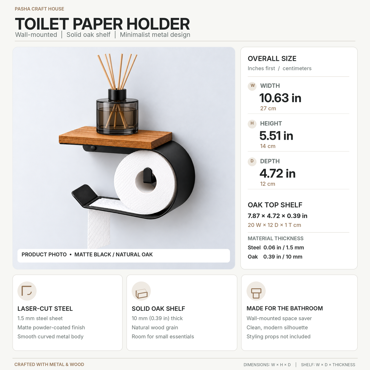Wall Mounted Toilet Paper Holder with Oak Shelf, Modern Metal Bathroom Organizer