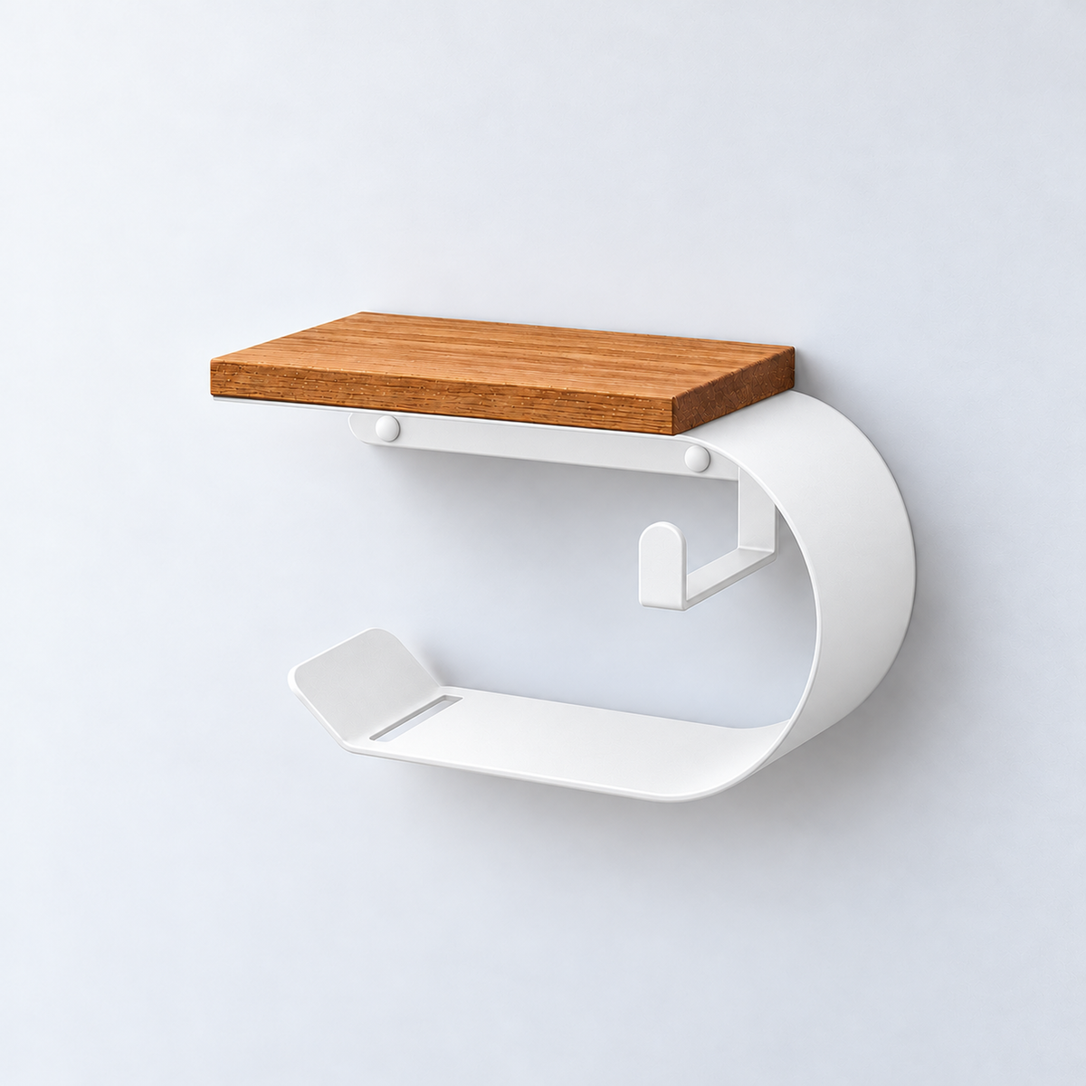 Wall Mounted Toilet Paper Holder with Oak Shelf, Modern Metal Bathroom Organizer
