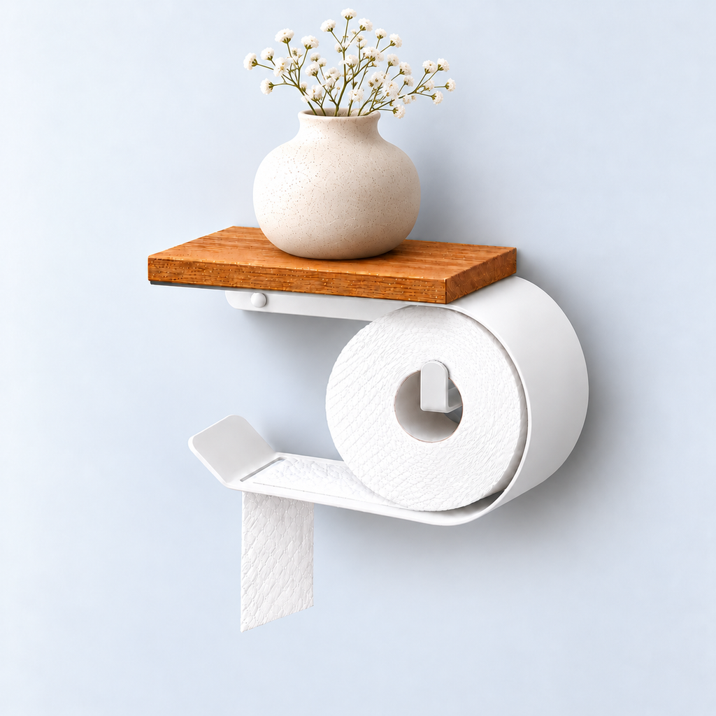 Wall Mounted Toilet Paper Holder with Oak Shelf, Modern Metal Bathroom Organizer