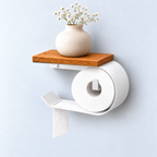 Wall Mounted Toilet Paper Holder with Oak Shelf, Modern Metal Bathroom Organizer
