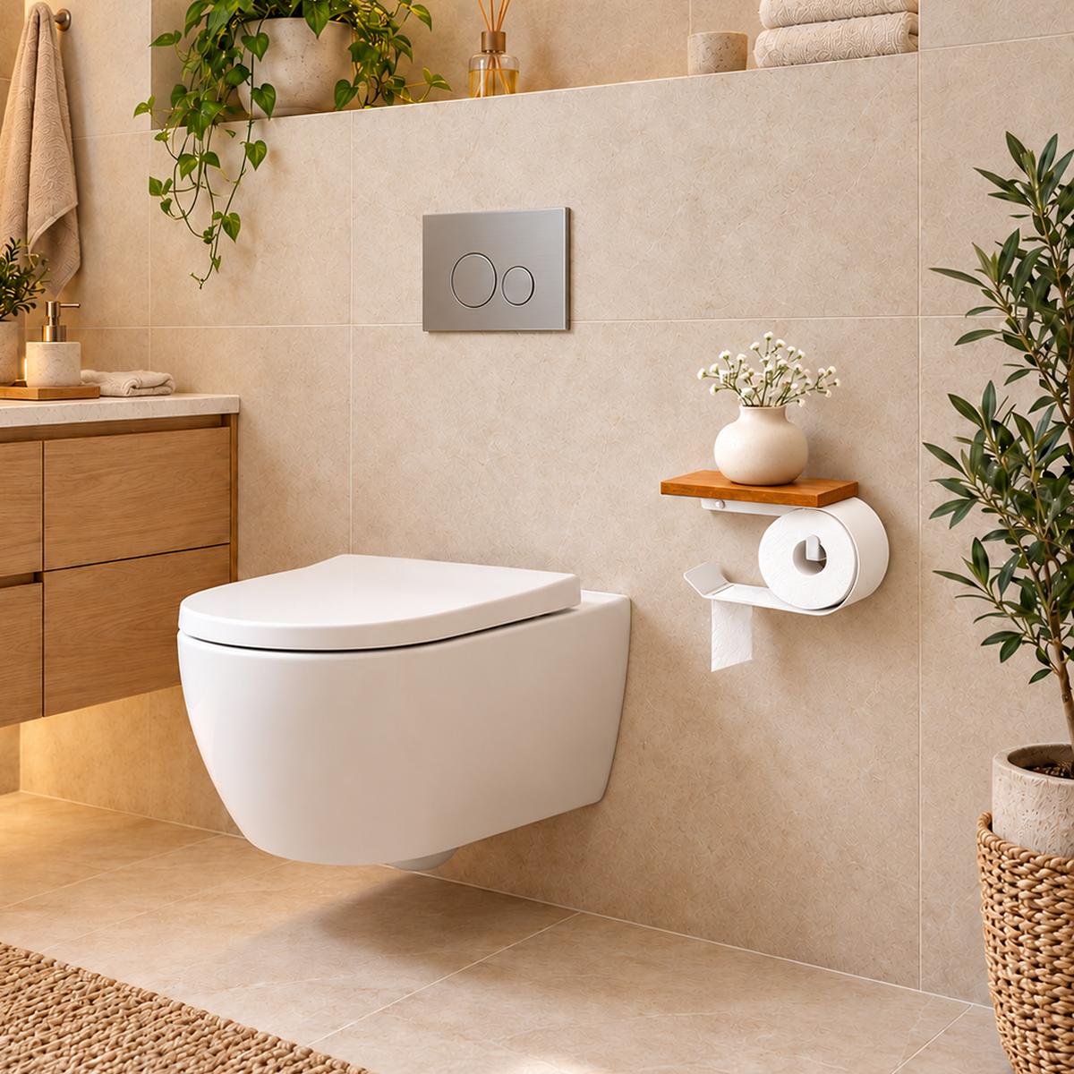 Wall Mounted Toilet Paper Holder with Oak Shelf, Modern Metal Bathroom Organizer