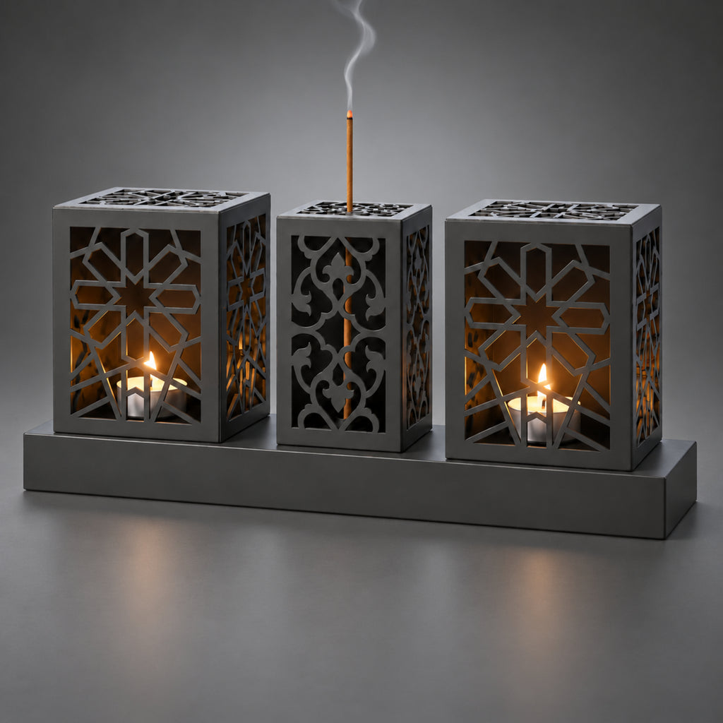 Laser Cut Metal Tealight Candle Holder & Incense Burner Set, Geometric Seljuk Star Modern Home Decor, Unique Centerpiece Gift