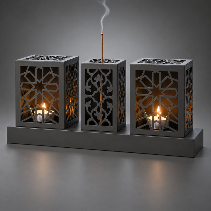 Laser Cut Metal Tealight Candle Holder & Incense Burner Set, Geometric Seljuk Star Modern Home Decor, Unique Centerpiece Gift