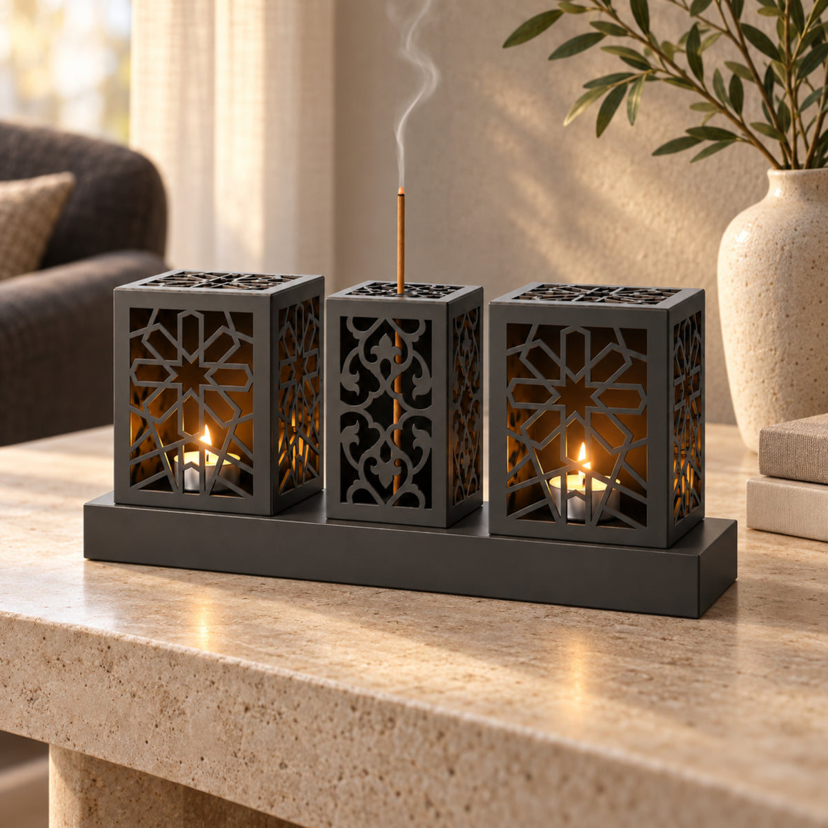 Laser Cut Metal Tealight Candle Holder & Incense Burner Set, Geometric Seljuk Star Modern Home Decor, Unique Centerpiece Gift