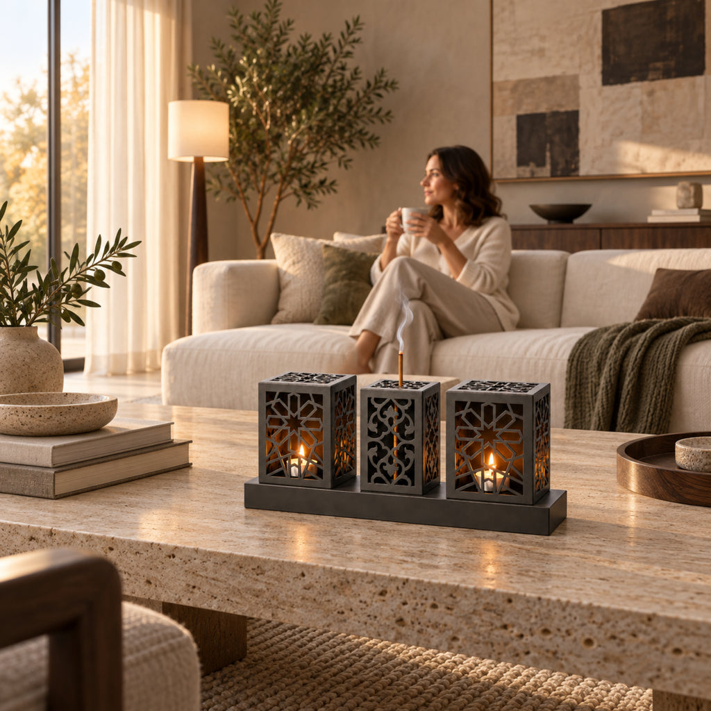 Laser Cut Metal Tealight Candle Holder & Incense Burner Set, Geometric Seljuk Star Modern Home Decor, Unique Centerpiece Gift