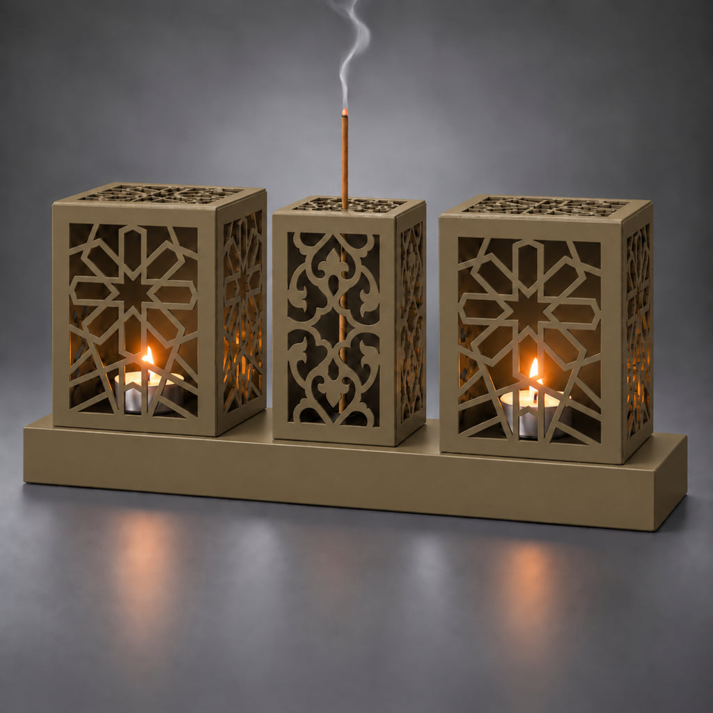 Laser Cut Metal Tealight Candle Holder & Incense Burner Set, Geometric Seljuk Star Modern Home Decor, Unique Centerpiece Gift