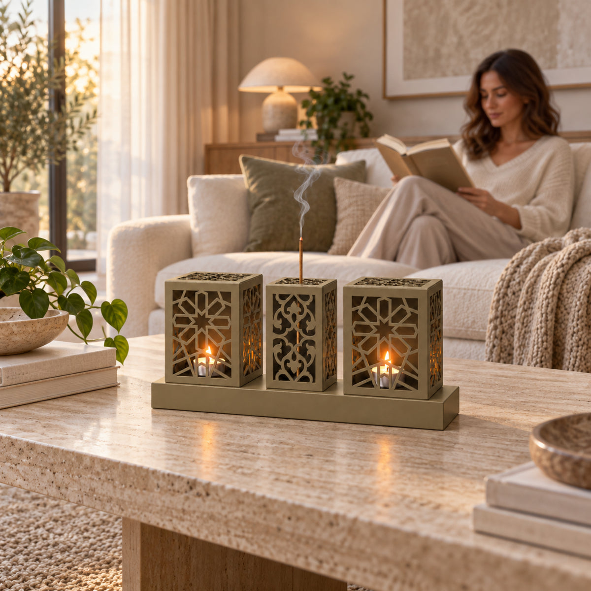 Laser Cut Metal Tealight Candle Holder & Incense Burner Set, Geometric Seljuk Star Modern Home Decor, Unique Centerpiece Gift