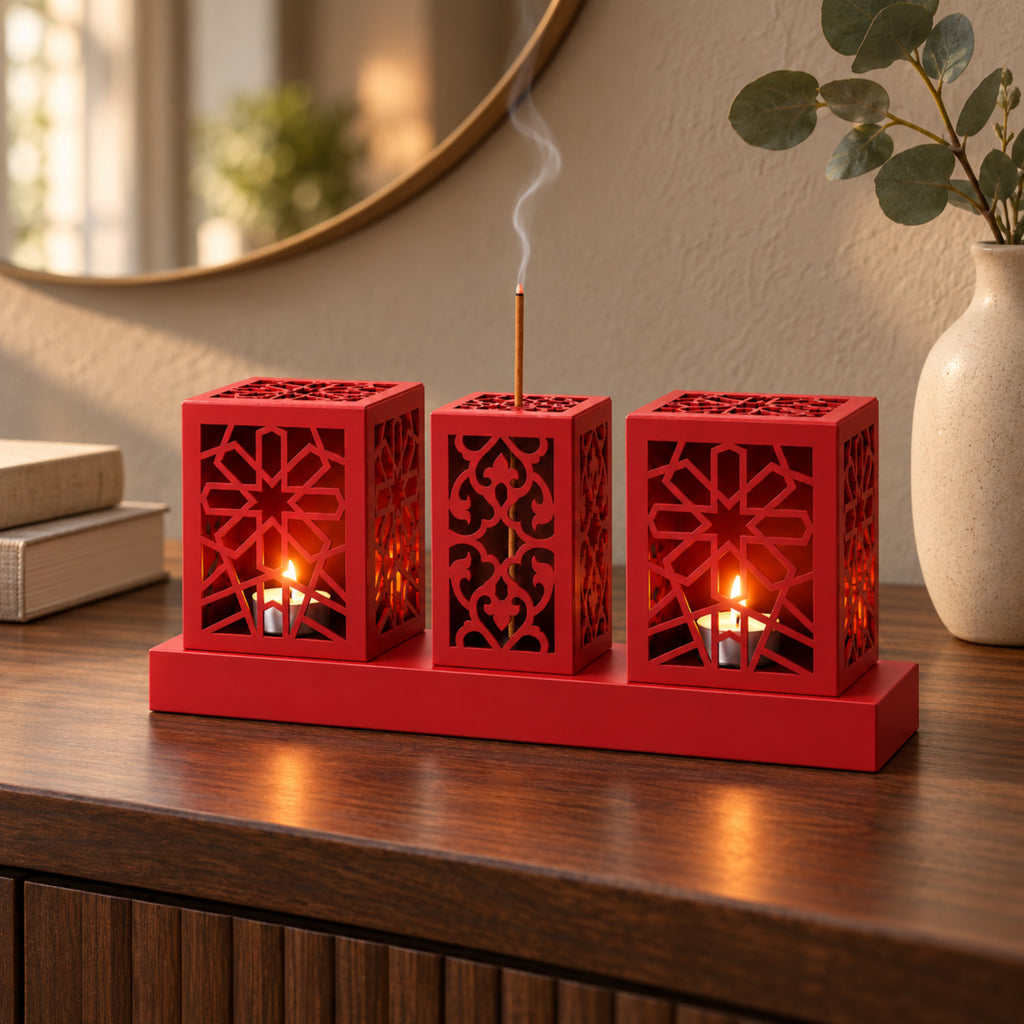 Laser Cut Metal Tealight Candle Holder & Incense Burner Set, Geometric Seljuk Star Modern Home Decor, Unique Centerpiece Gift