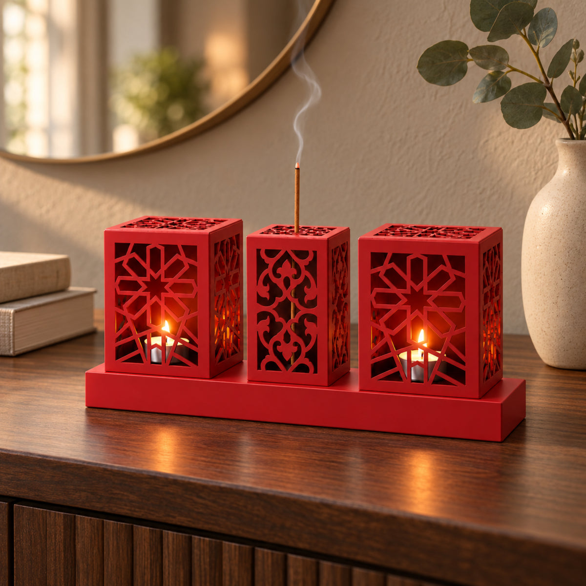 Laser Cut Metal Tealight Candle Holder & Incense Burner Set, Geometric Seljuk Star Modern Home Decor, Unique Centerpiece Gift