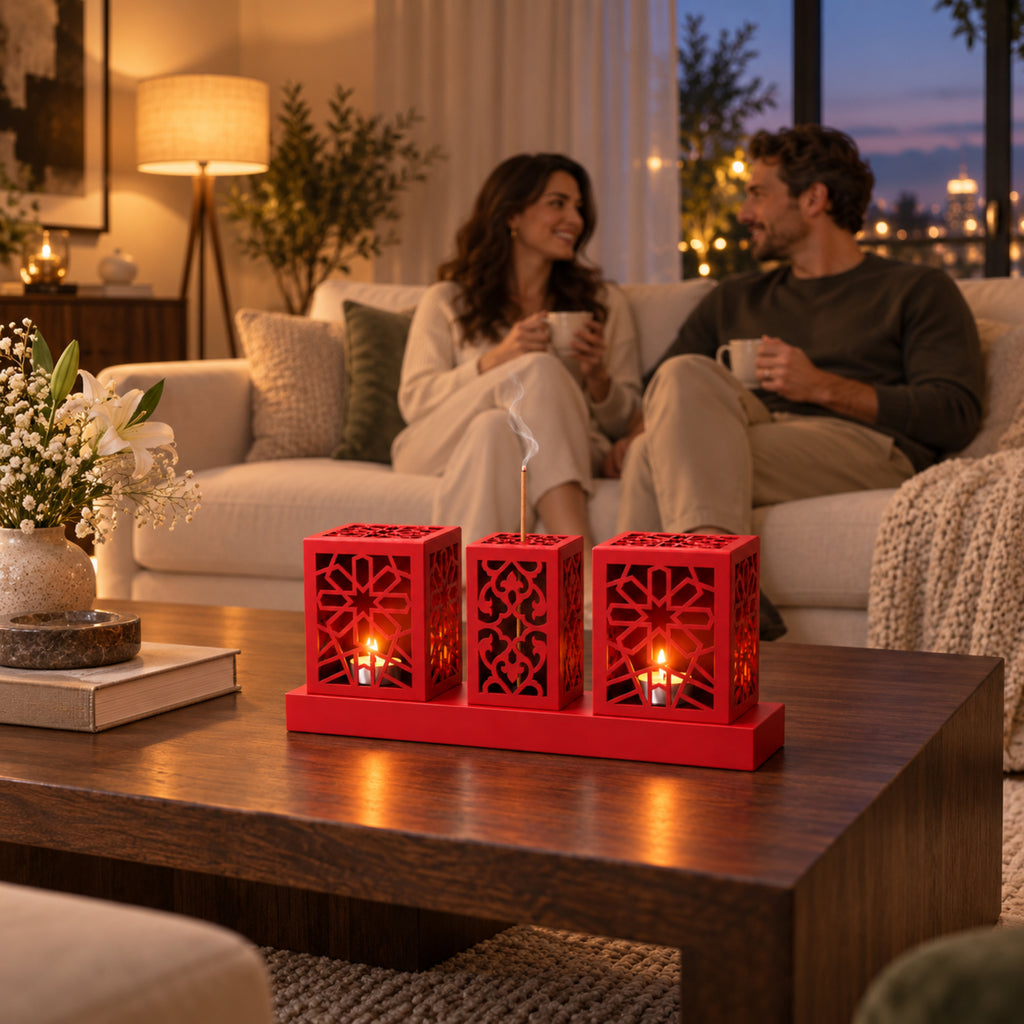 Laser Cut Metal Tealight Candle Holder & Incense Burner Set, Geometric Seljuk Star Modern Home Decor, Unique Centerpiece Gift
