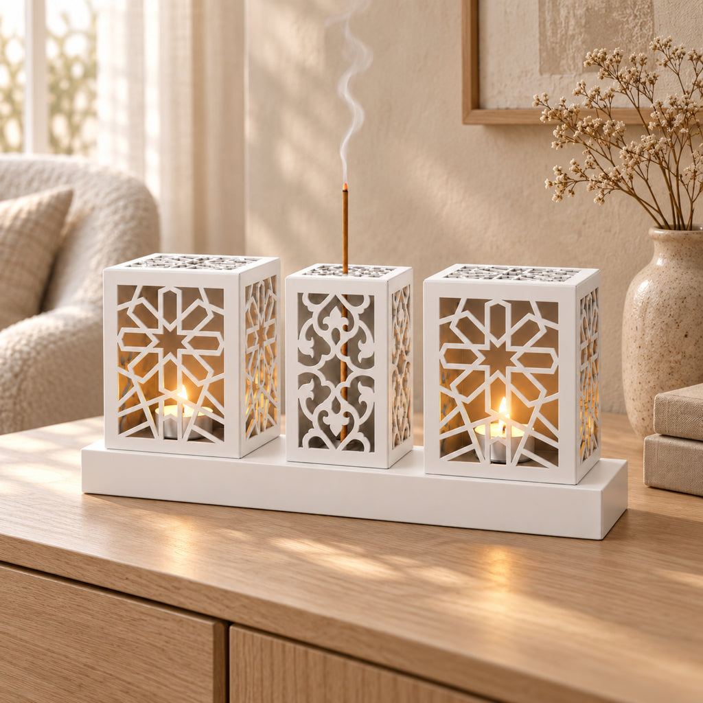Laser Cut Metal Tealight Candle Holder & Incense Burner Set, Geometric Seljuk Star Modern Home Decor, Unique Centerpiece Gift