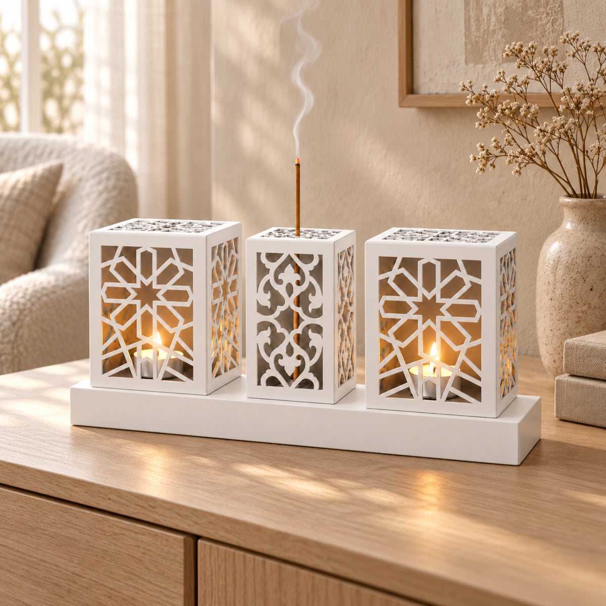 Laser Cut Metal Tealight Candle Holder & Incense Burner Set, Geometric Seljuk Star Modern Home Decor, Unique Centerpiece Gift