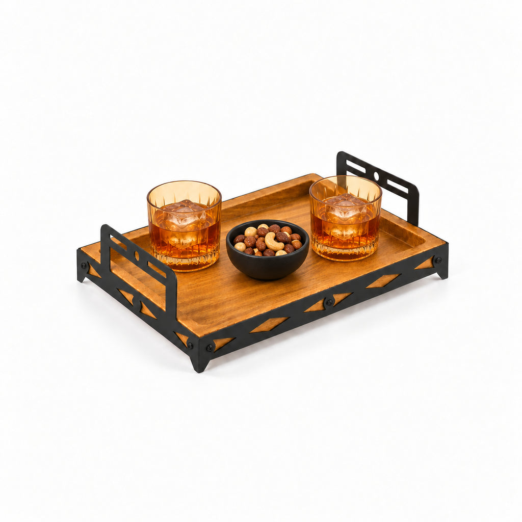 Iroko Wood & Laser-Cut Metal Serving Tray, 30 × 20 × 7 cm