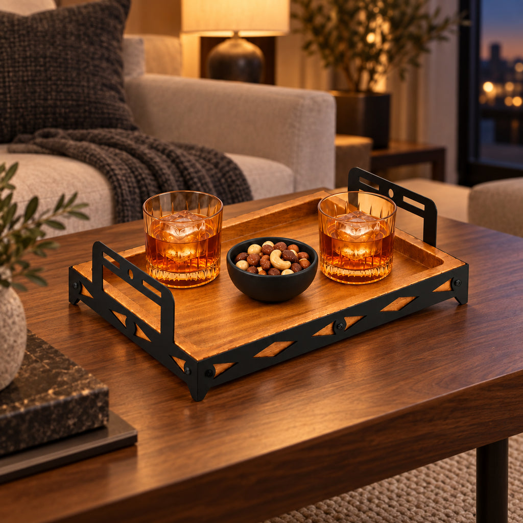 Iroko Wood & Laser-Cut Metal Serving Tray, 30 × 20 × 7 cm