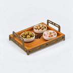 Iroko Wood & Laser-Cut Metal Serving Tray, 30 × 20 × 7 cm