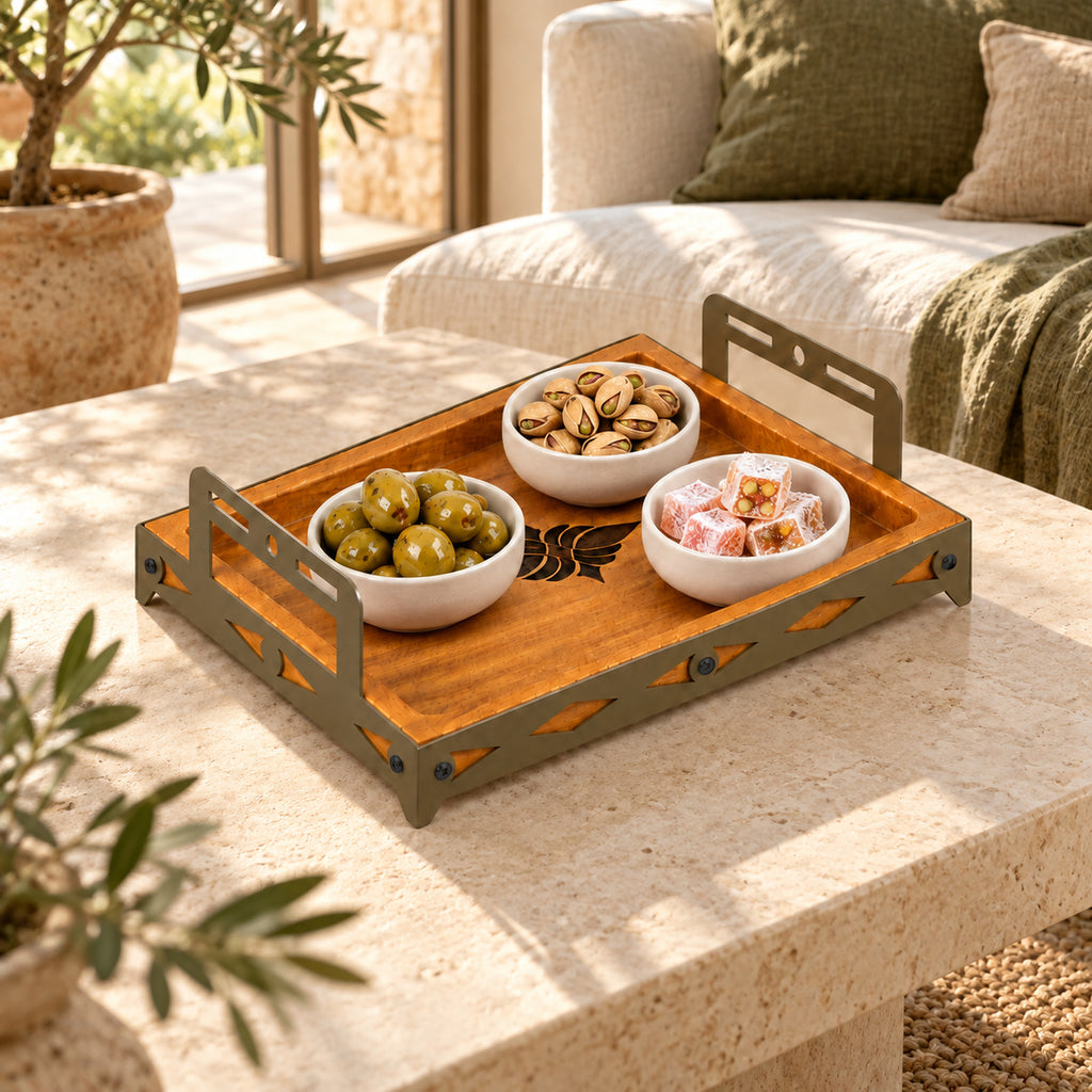Iroko Wood & Laser-Cut Metal Serving Tray, 30 × 20 × 7 cm