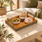 Iroko Wood & Laser-Cut Metal Serving Tray, 30 × 20 × 7 cm