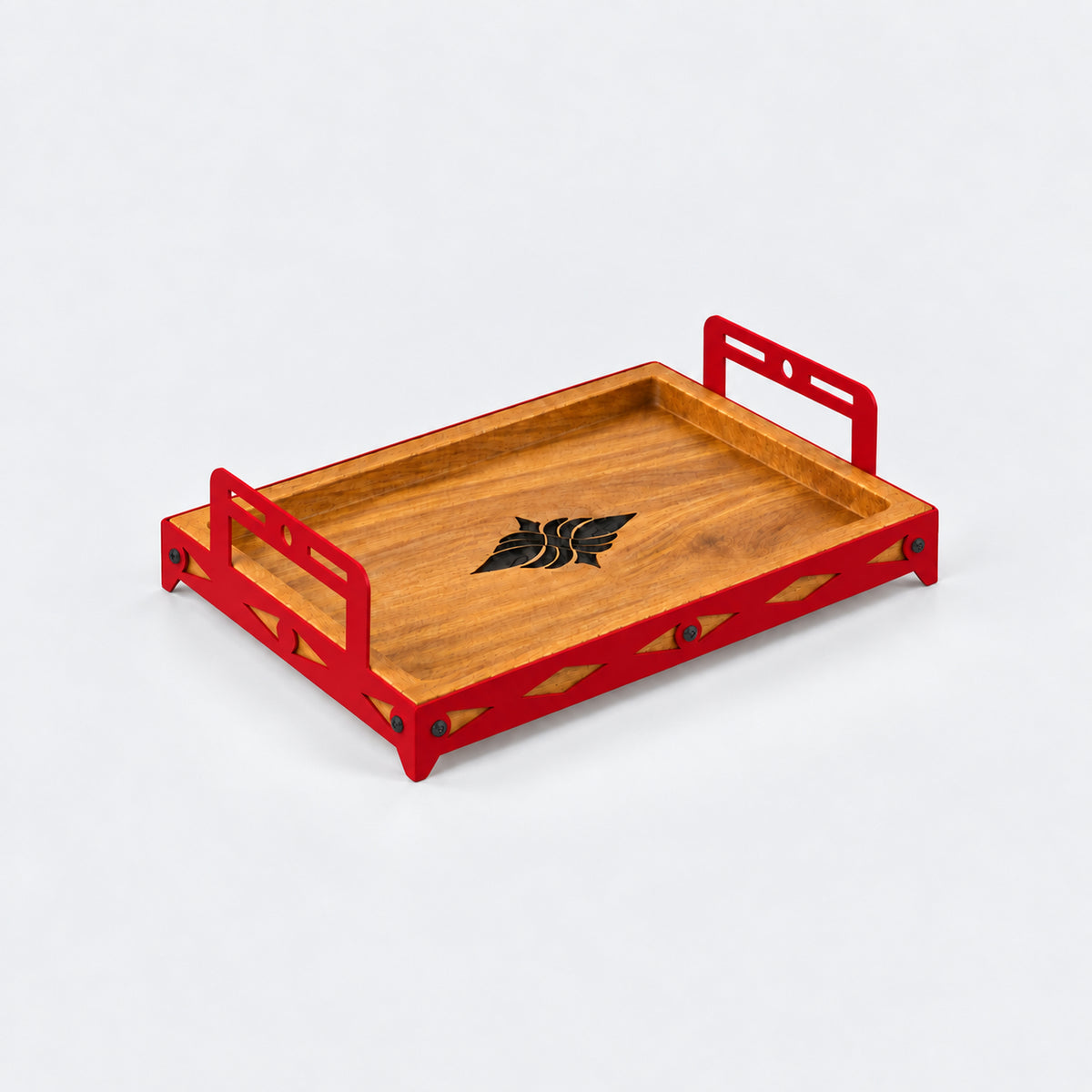 Iroko Wood & Laser-Cut Metal Serving Tray, 30 × 20 × 7 cm