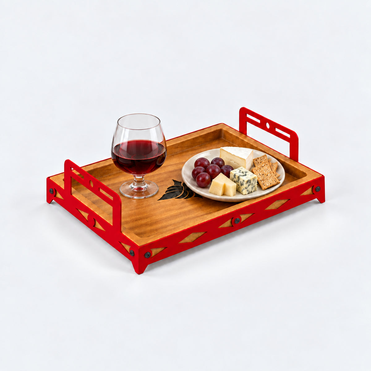 Iroko Wood & Laser-Cut Metal Serving Tray, 30 × 20 × 7 cm