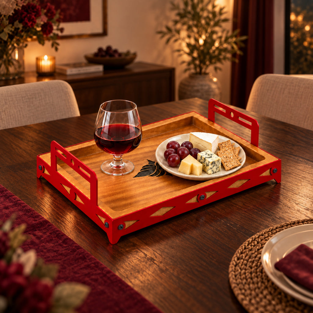Iroko Wood & Laser-Cut Metal Serving Tray, 30 × 20 × 7 cm