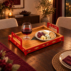 Iroko Wood & Laser-Cut Metal Serving Tray, 30 × 20 × 7 cm