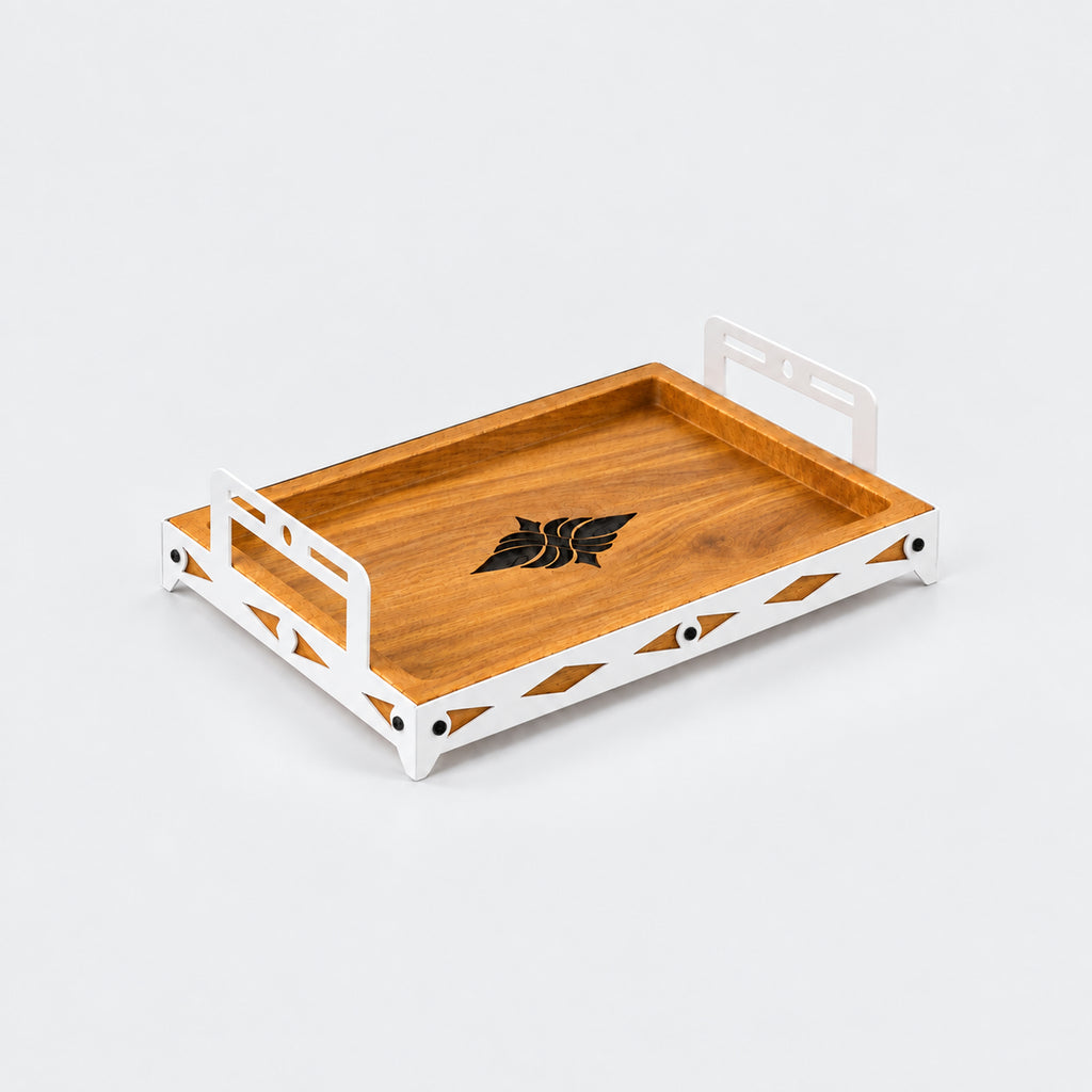 Iroko Wood & Laser-Cut Metal Serving Tray, 30 × 20 × 7 cm