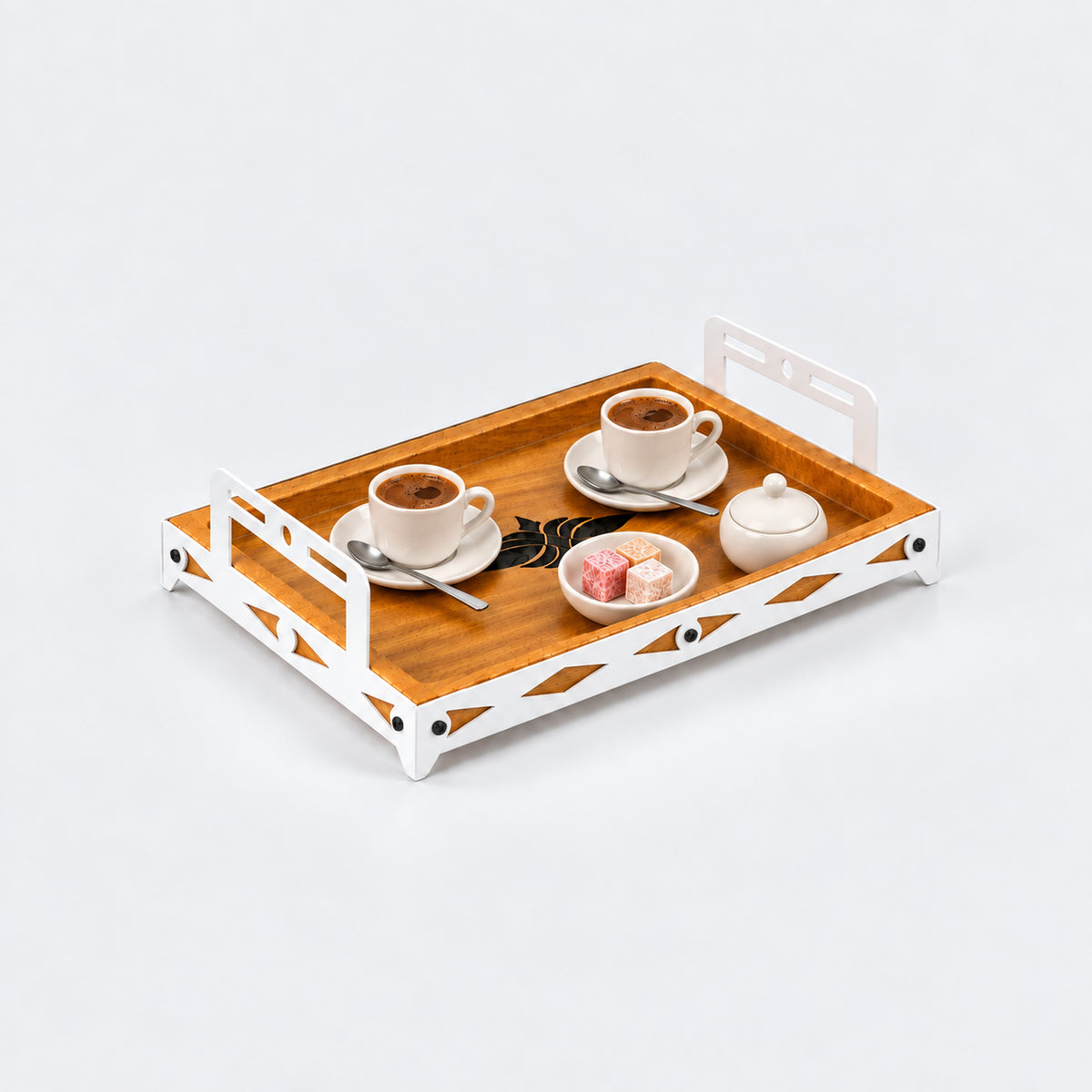 Iroko Wood & Laser-Cut Metal Serving Tray, 30 × 20 × 7 cm